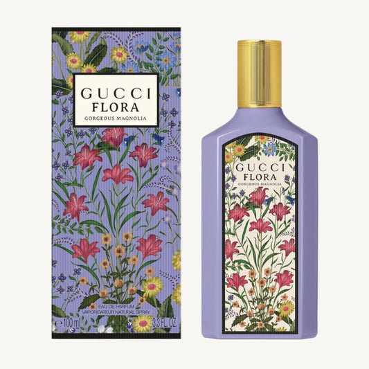 "Gucci Flora Gorgeous Magnolia Eau de Parfum 3.3 oz – elegant purple bottle adorned with floral patterns, symbolizing femininity and strength."​
