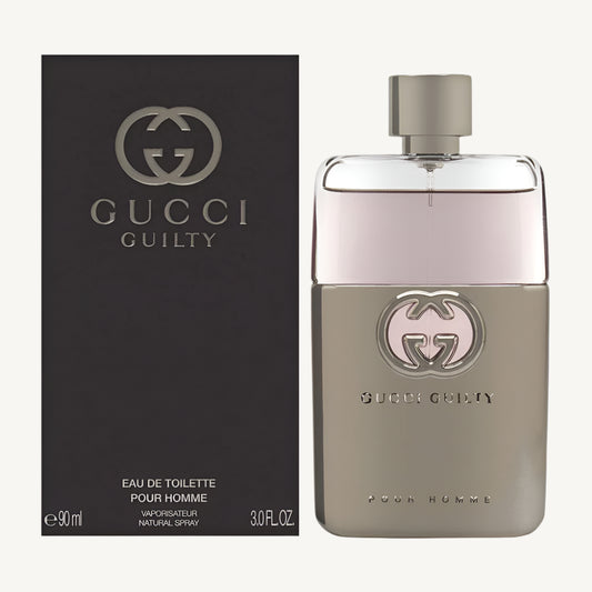 "Gucci Guilty Pour Homme 3 oz Eau de Toilette Spray for Men – sleek, masculine bottle with silver accents, reflecting the bold and modern scent within."