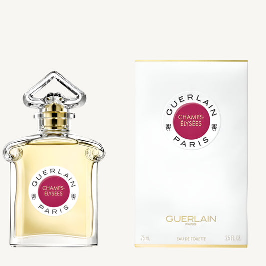 "Guerlain Champs-Élysées 2.5 oz Eau de Toilette Spray for Women – elegant glass bottle with a radiant pink hue, featuring the iconic inverted heart-shaped stopper, reflecting the vibrant and romantic fragrance."​