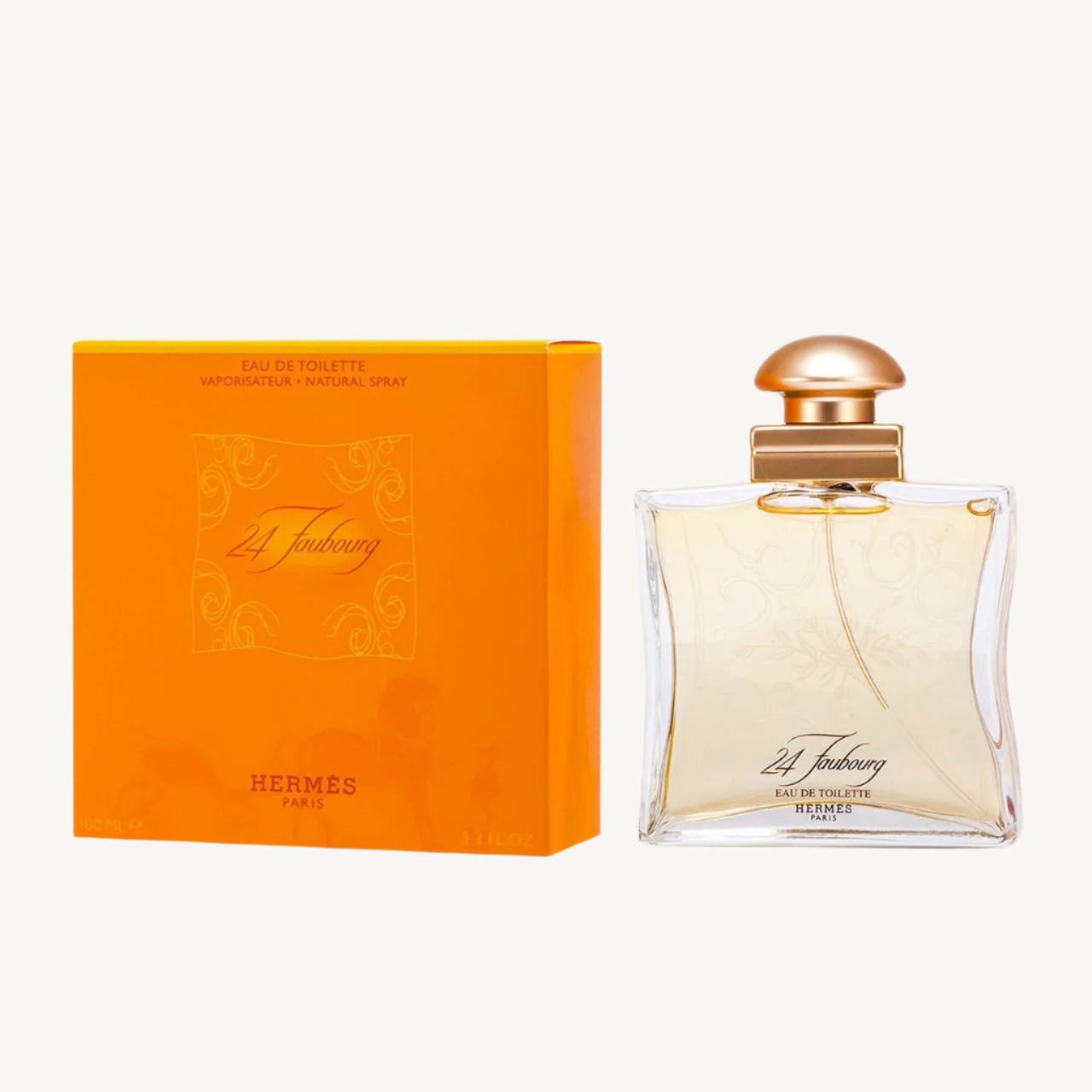 "Hermès 24 Faubourg 3.3 oz Eau de Toilette Spray for Women – elegant square glass bottle with golden-yellow fragrance, adorned with a gold cap, presented alongside its signature orange Hermès box."