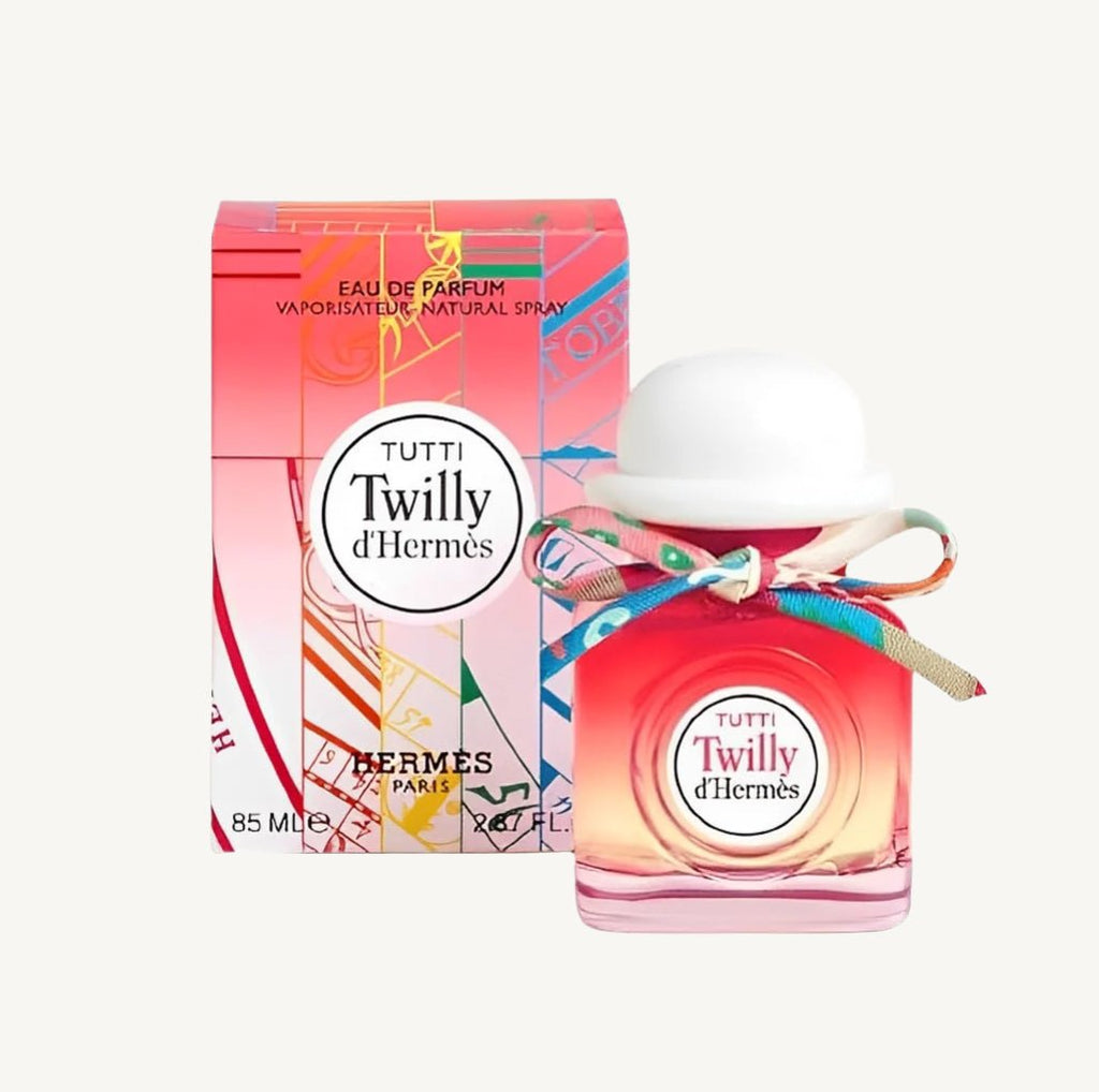Tutti Twilly d’Hermès perfume bottle — a vibrant floral-fruity fragrance created by Christine Nagel, inspired by the energy and freedom of young women.