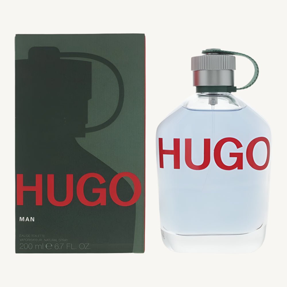 "HUGO BOSS GREEN 6.8 oz Eau de Toilette Spray for Men – sleek transparent bottle with green cap and red branding"