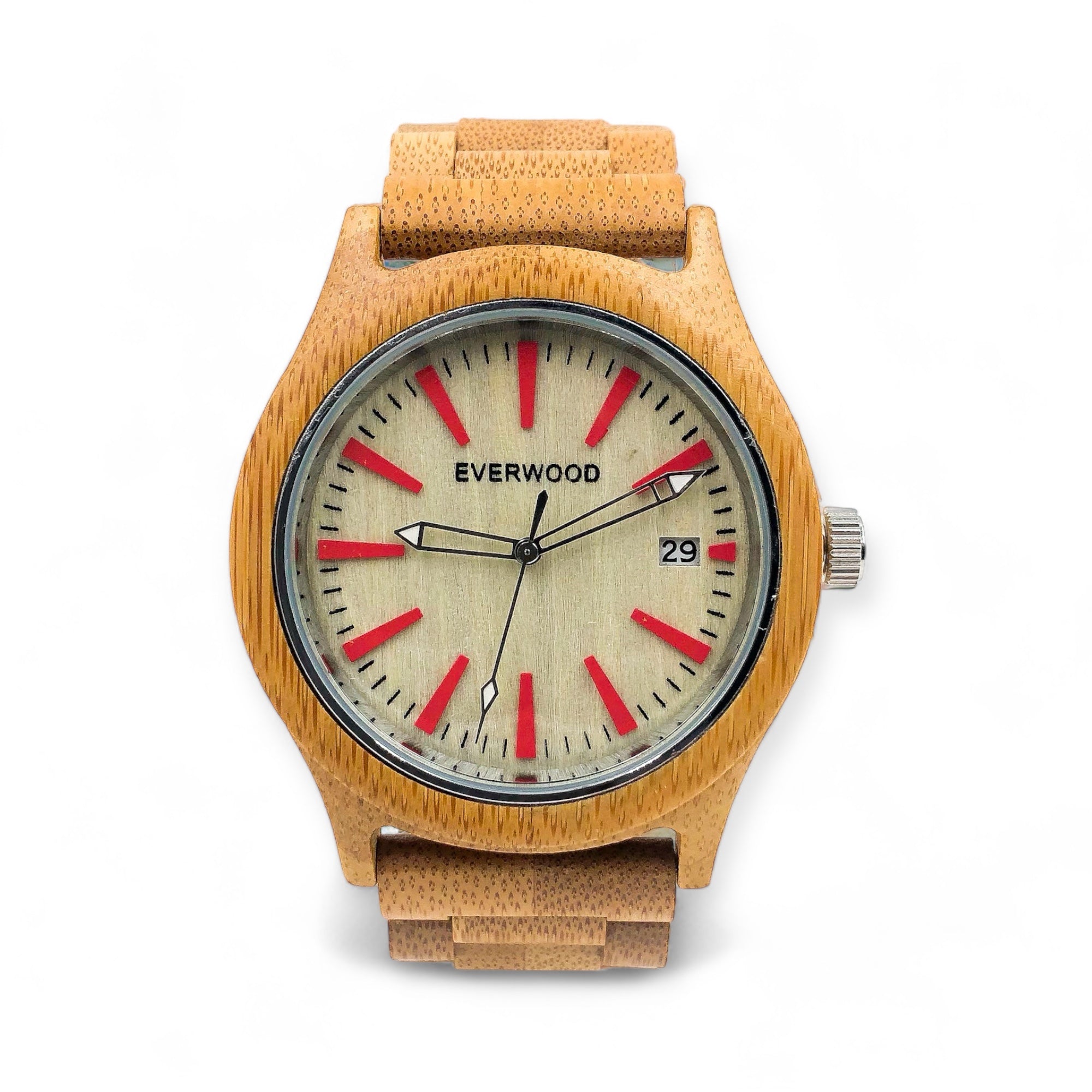 Wooden watch with red accents and 'Everwood' branding on a white background