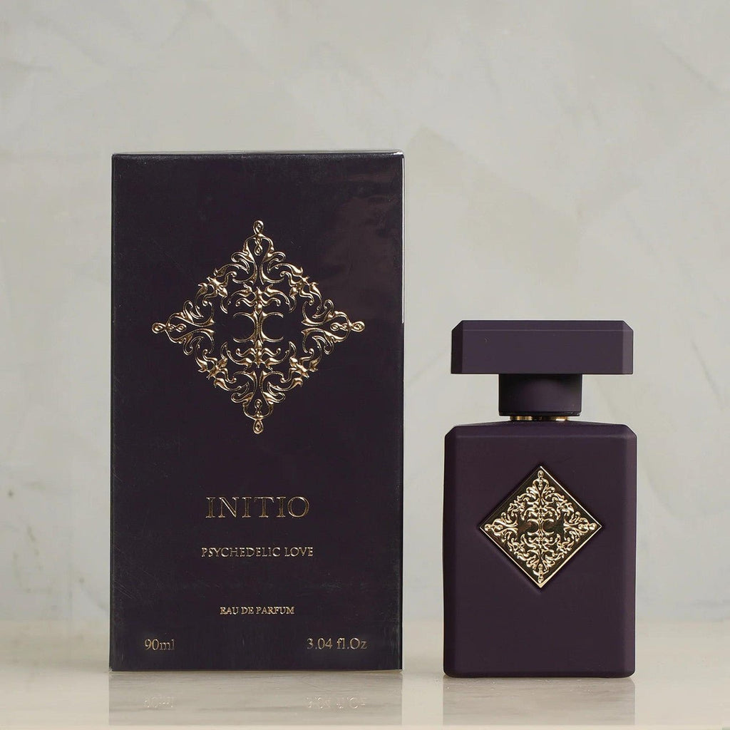 "Initio Parfums Privés Psychedelic Love 3.04 oz Eau de Parfum spray – seductive floral-oriental fragrance in a sleek matte purple bottle."
