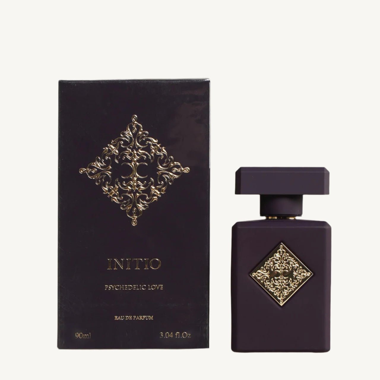 "Initio Parfums Privés Psychedelic Love 3.04 oz Eau de Parfum spray – seductive floral-oriental fragrance in a sleek matte purple bottle."