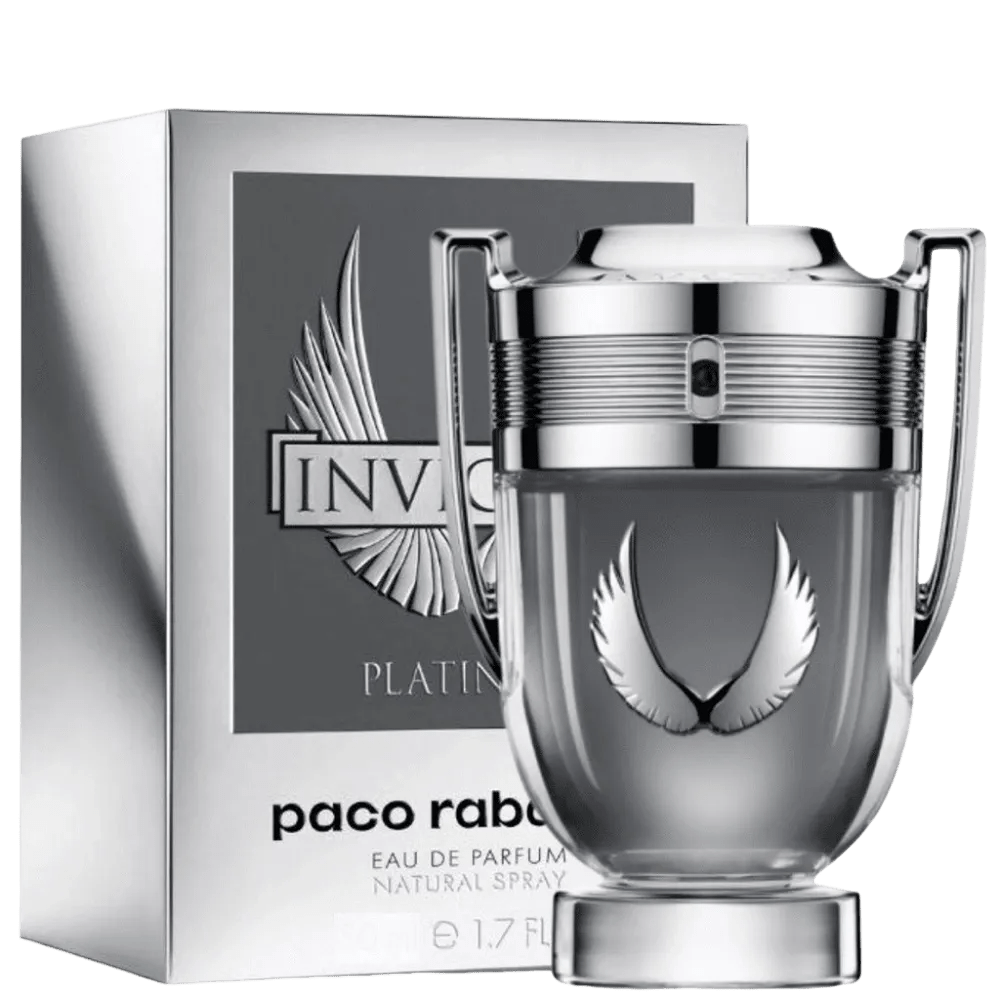 "Paco Rabanne Invictus Platinum 3.4 oz Eau de Parfum Spray – a fresh and intense fougère fragrance for men with notes of grapefruit, mint, lavender, patchouli, and cypress. A bold scent for unstoppable energy and ambition."