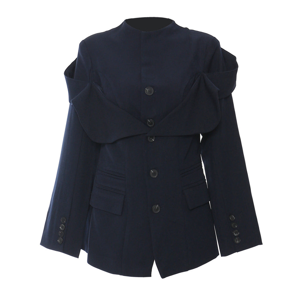 Navy blue coat with unique shoulder design on a white background