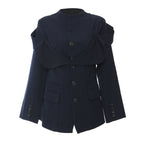 Navy blue coat with unique shoulder design on a white background