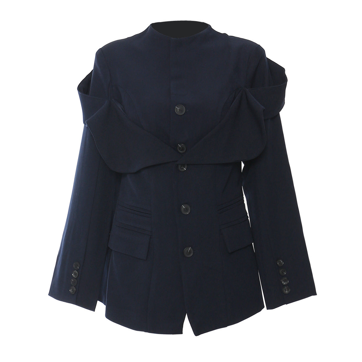 Navy blue coat with unique shoulder design on a white background