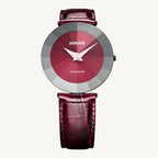 "Bold Jowissa Pyramid J5.309.XL ladies Swiss watch with black stainless steel case, red leather strap, red dial, and sapphire glass."