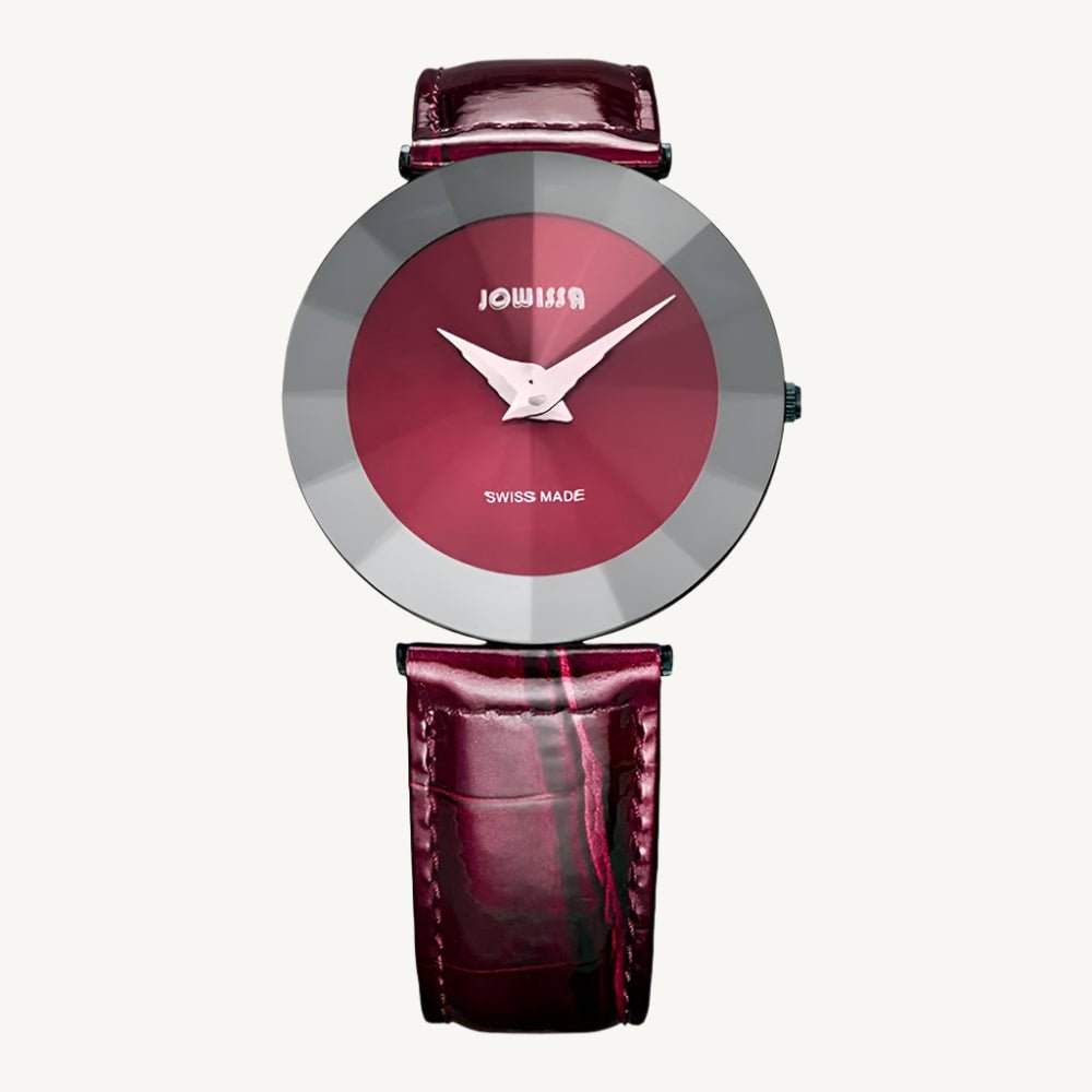"Bold Jowissa Pyramid J5.309.XL ladies Swiss watch with black stainless steel case, red leather strap, red dial, and sapphire glass."