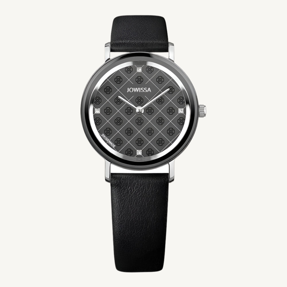 "Jowissa AnWy ladies watch with silver case, black leather strap, grey dial with stones, Swiss made"