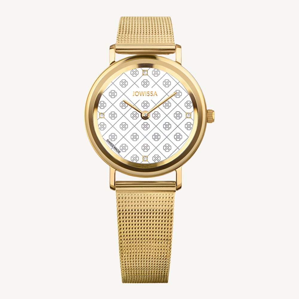 "Elegant Jowissa AnWy J6.256.M ladies Swiss watch with gold-tone stainless steel case and strap, white-grey stone-set dial, and sapphire glass."