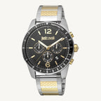Just Cavalli JC1G204M0075 men’s chronograph watch with silver and gold-tone stainless steel case and bracelet, black dial, tachymeter scale, and date display – bold and stylish timepiece.