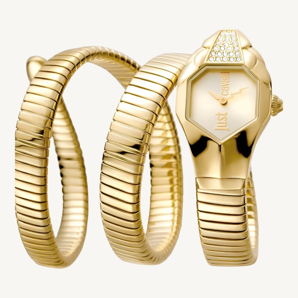 Just Cavalli Glam Snake JC1L022M0025 ladies watch with polished gold-tone stainless steel case and flexible bracelet, gold dial, and stone-set bezel – luxurious and eye-catching fashion accessory.