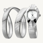 Just Cavalli Glam Snake JC1L022M0055 ladies watch with polished silver-tone stainless steel case and flexible bracelet, silver dial, stone-set bezel – glamorous and unique fashion timepiece.