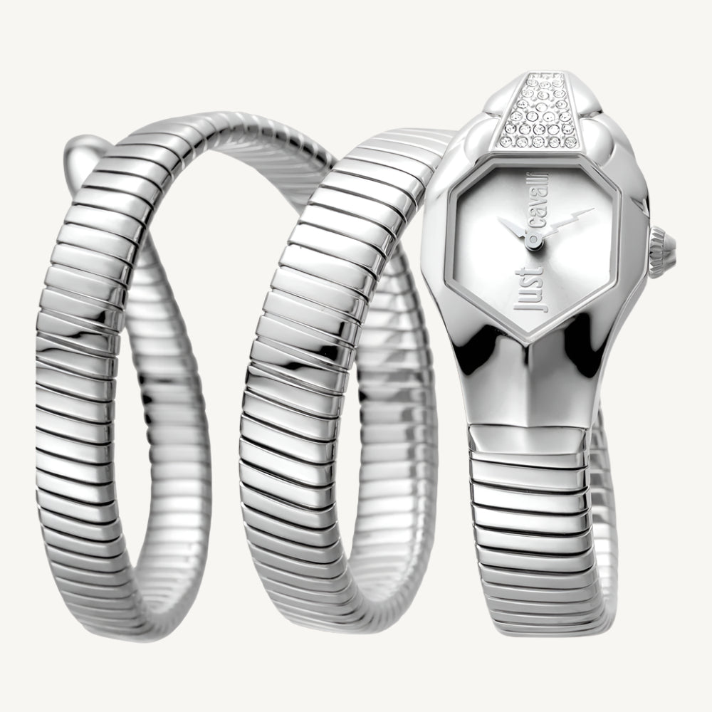 Just Cavalli Glam Snake JC1L022M0055 ladies watch with polished silver-tone stainless steel case and flexible bracelet, silver dial, stone-set bezel – glamorous and unique fashion timepiece.