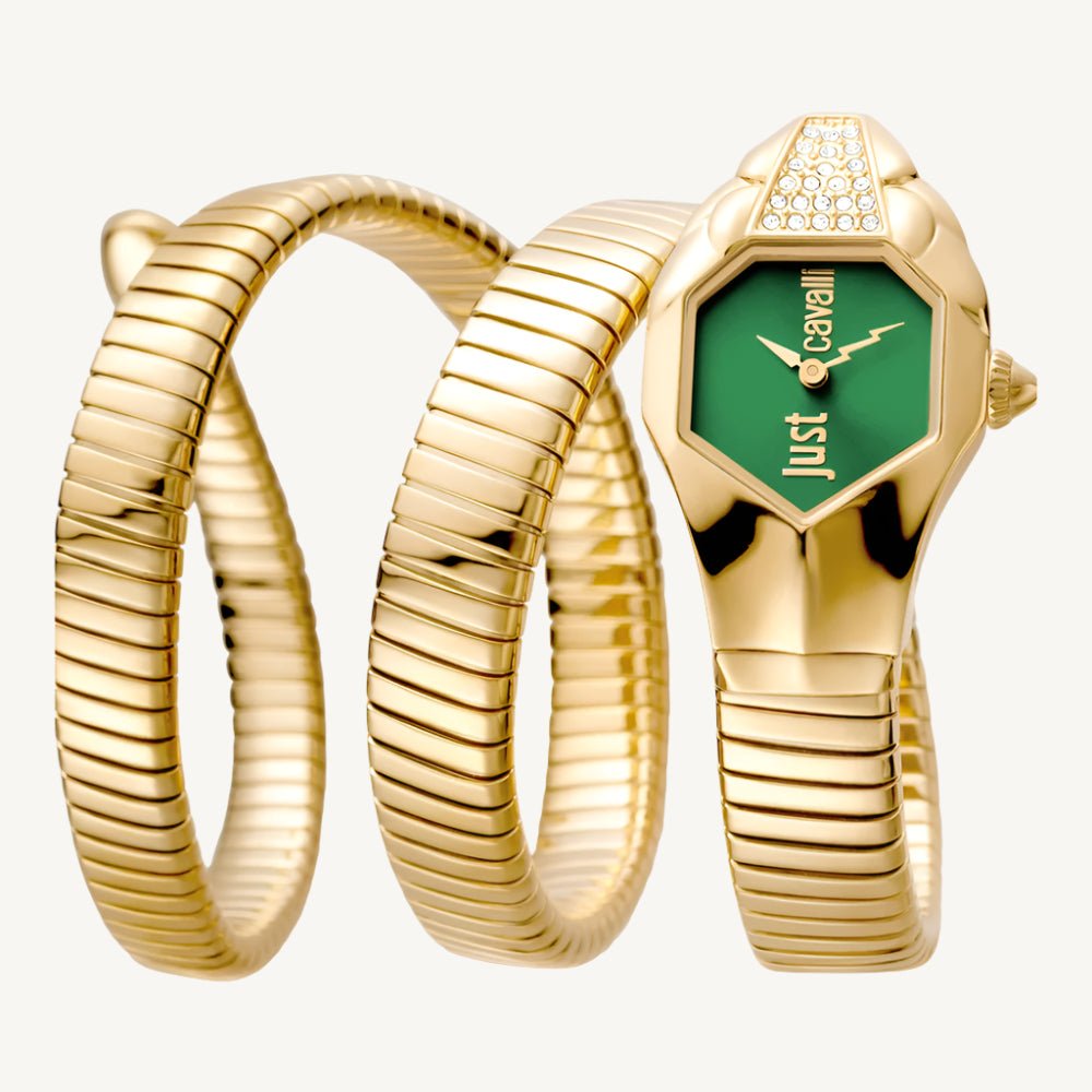 Just Cavalli Glam Snake JC1L022M0065 ladies watch with polished gold-tone stainless steel case and flexible bracelet, green dial, stone-set bezel – bold and glamorous designer timepiece.