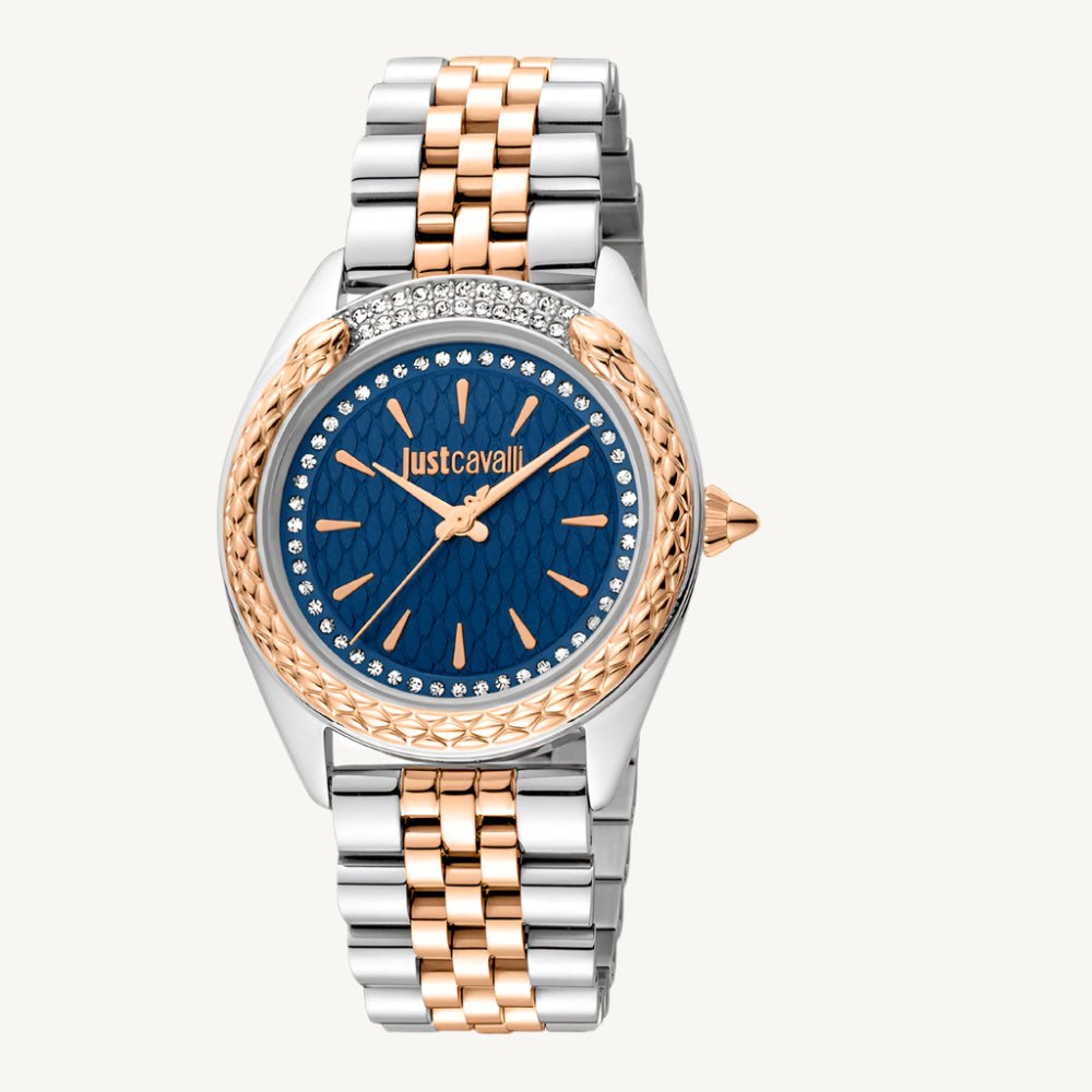Just Cavalli Animalier JC1L195M0405 ladies watch with silver and rose gold-tone polished stainless steel case and bracelet, blue dial with sparkling stones – glamorous and bold designer timepiece.