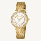 Just Cavalli Glam Chic JC1L240M0025 ladies watch with polished gold-tone stainless steel case, matte gold strap, silver dial, and stone-set bezel – luxurious and feminine fashion watch.