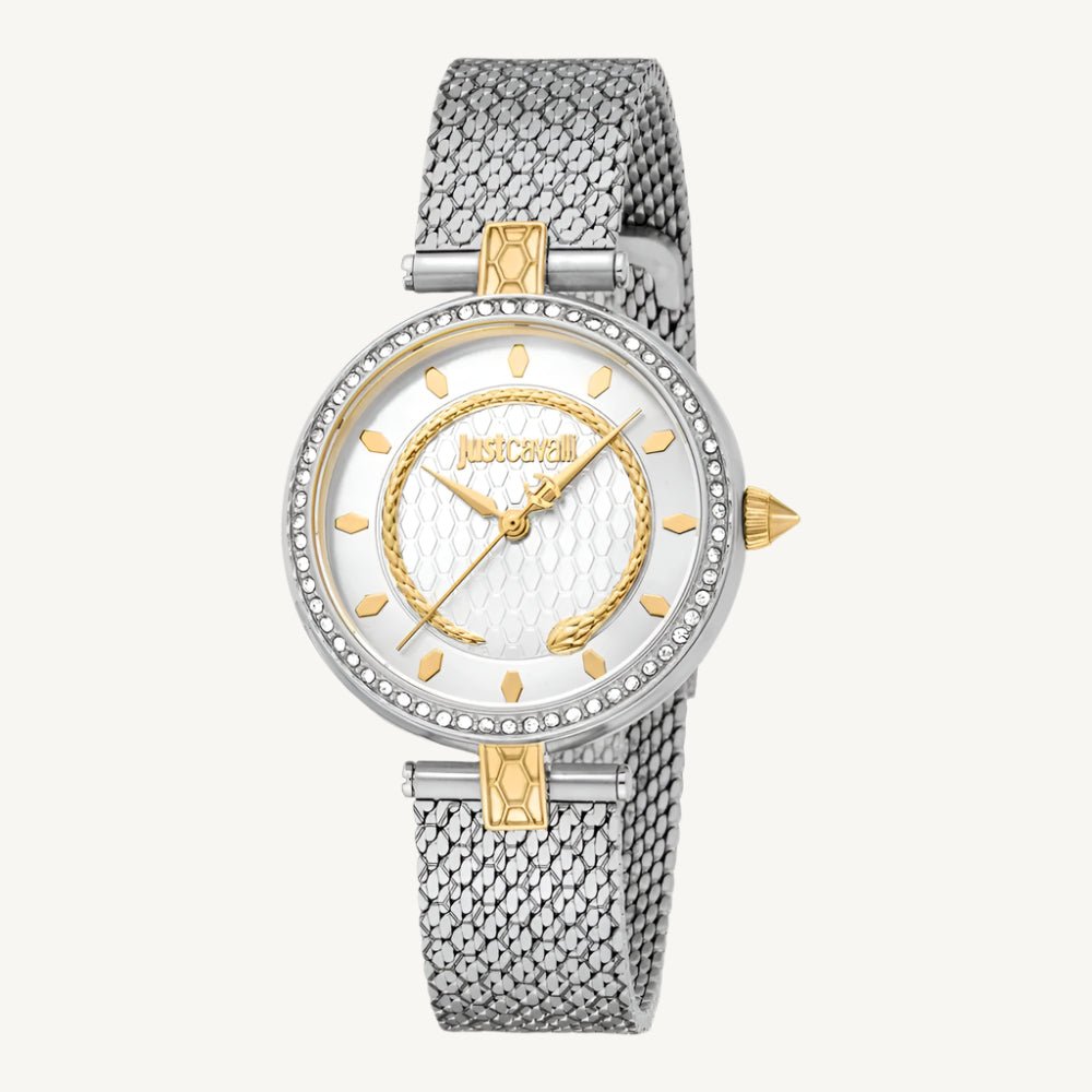 Just Cavalli Glam Chic JC1L240M0055 ladies watch with silver and gold-tone stainless steel case, matte silver strap, silver-gold dial, and stone-set bezel – elegant and modern fashion timepiece.