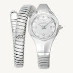 Just Cavalli Signature Snake Amalfi JC1L270M0015 ladies watch with polished silver-tone stainless steel flexible bracelet, silver dial set with stones – sleek and serpent-inspired fashion timepiece.