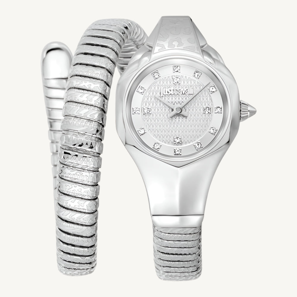 Just Cavalli Signature Snake Amalfi JC1L270M0015 ladies watch with polished silver-tone stainless steel flexible bracelet, silver dial set with stones – sleek and serpent-inspired fashion timepiece.