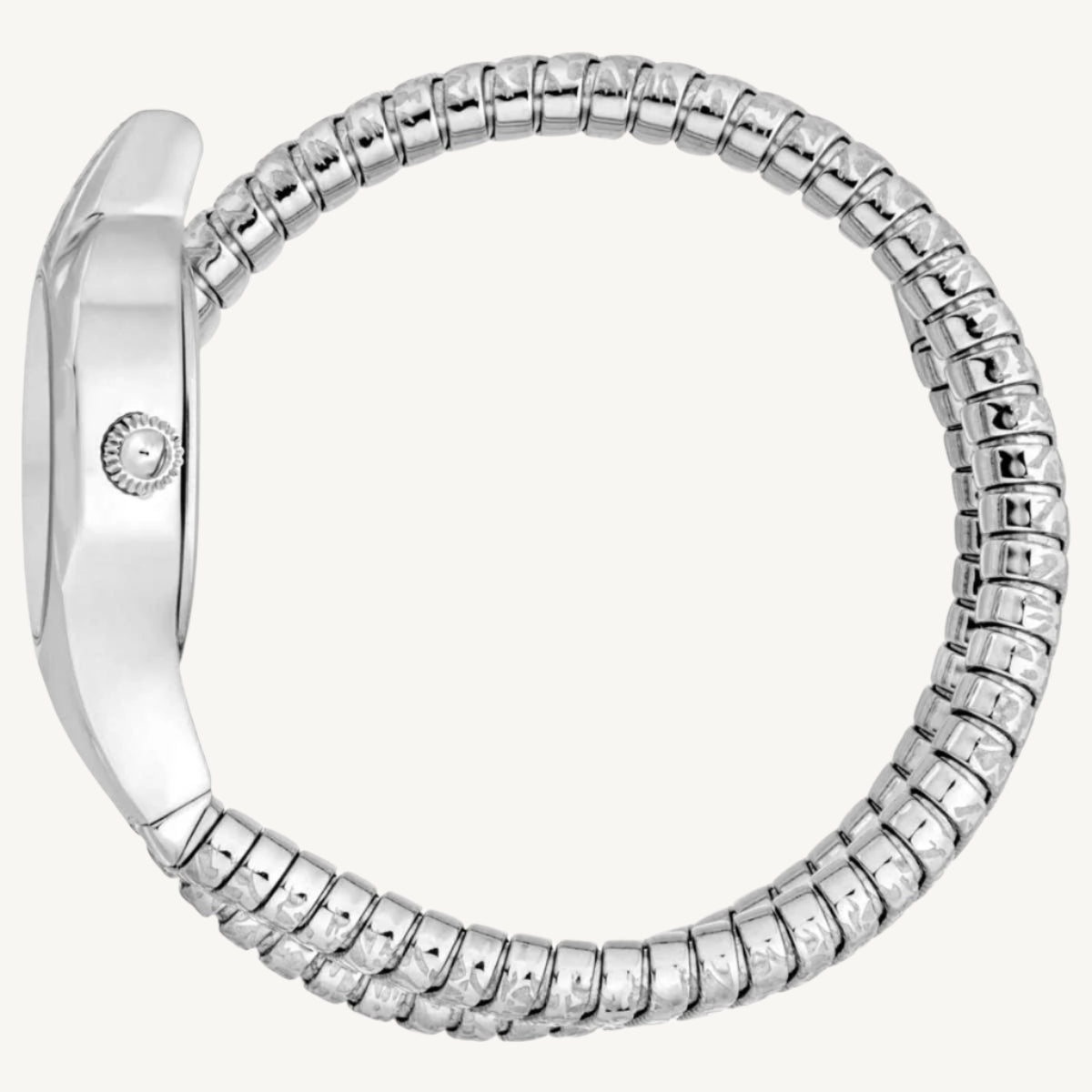Just Cavalli Signature Snake Amalfi JC1L270M0015 ladies watch with polished silver-tone stainless steel flexible bracelet, silver dial set with stones – sleek and serpent-inspired fashion timepiece.