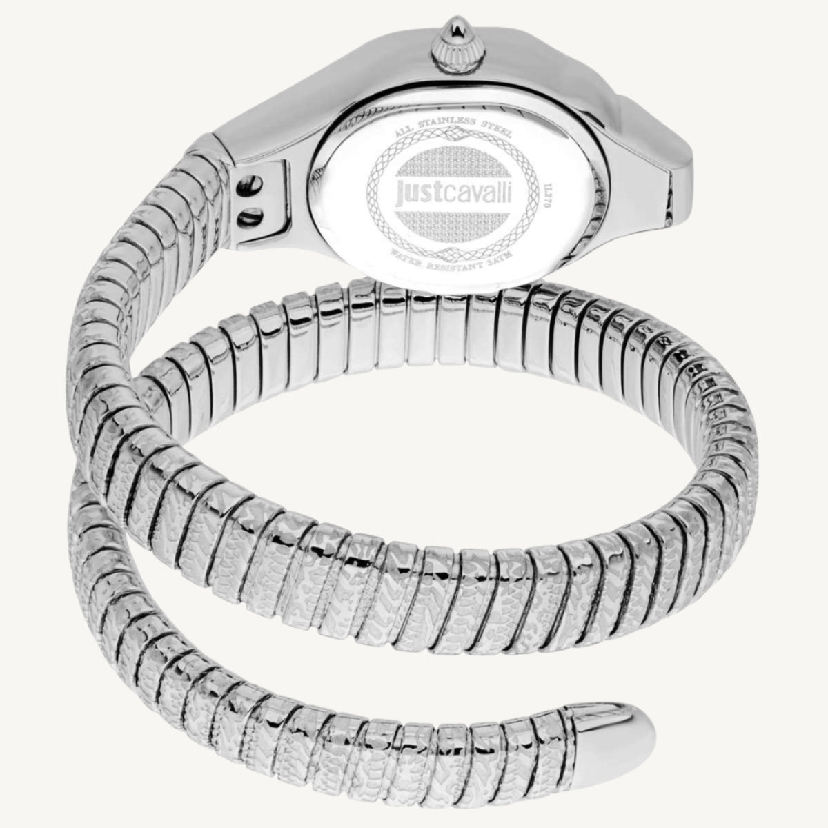 Just Cavalli Signature Snake Amalfi JC1L270M0015 ladies watch with polished silver-tone stainless steel flexible bracelet, silver dial set with stones – sleek and serpent-inspired fashion timepiece.