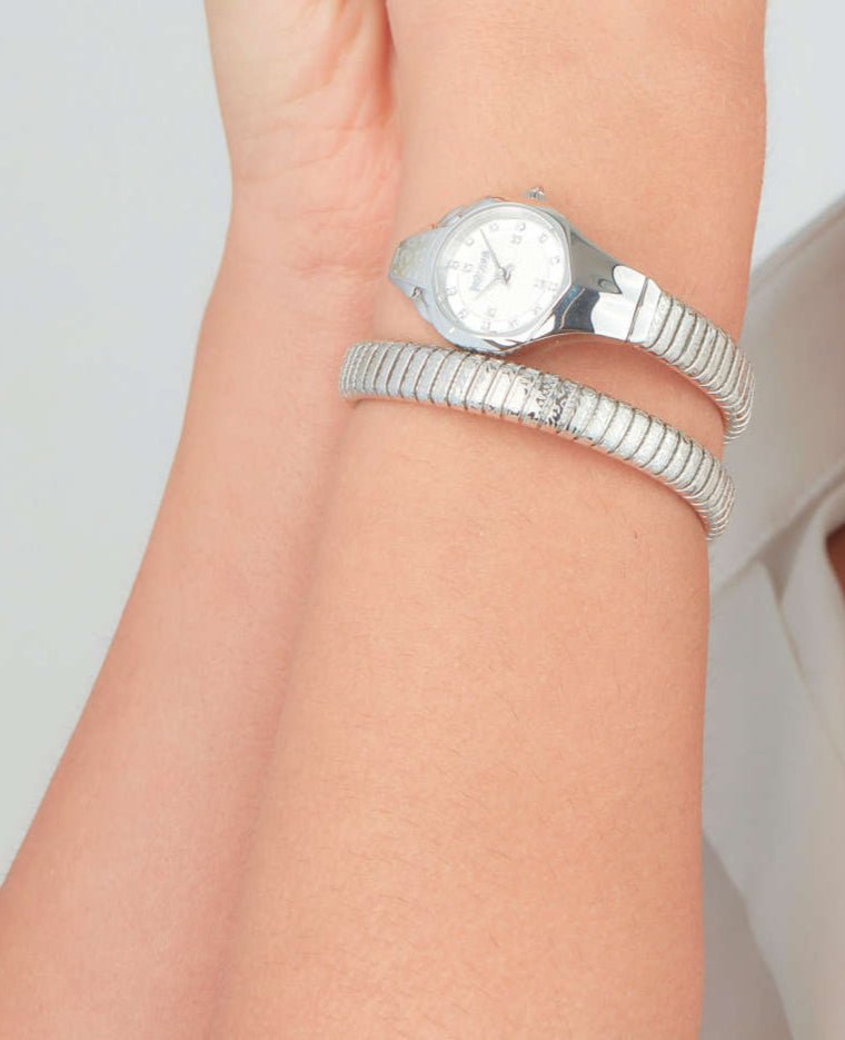 Just Cavalli Signature Snake Amalfi JC1L270M0015 ladies watch with polished silver-tone stainless steel flexible bracelet, silver dial set with stones – sleek and serpent-inspired fashion timepiece.