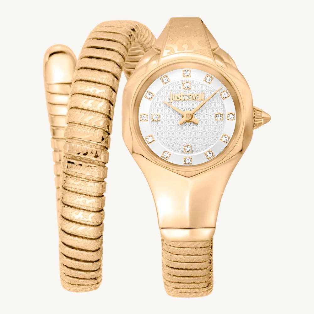 "Just Cavalli Signature Snake Amalfi JC1L270M0025 ladies watch with gold-tone stainless steel strap, stone-set silver dial, and polished finish."