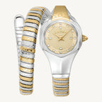 "Just Cavalli Signature Snake Amalfi ladies watch with silver and gold polished stainless steel case and bracelet, gold-tone dial with crystal details."