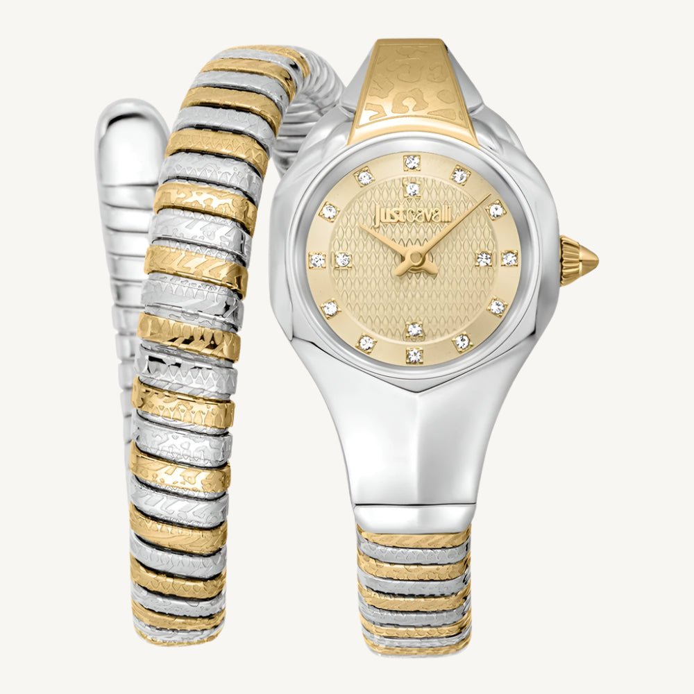 "Just Cavalli Signature Snake Amalfi ladies watch with silver and gold polished stainless steel case and bracelet, gold-tone dial with crystal details."