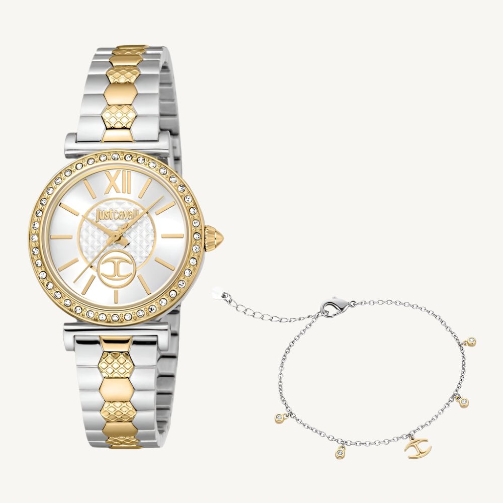 Just Cavalli Varenna Set JC1L273M0085 ladies watch with silver and gold polished stainless steel case and strap, silver dial, and crystal-set bezel.