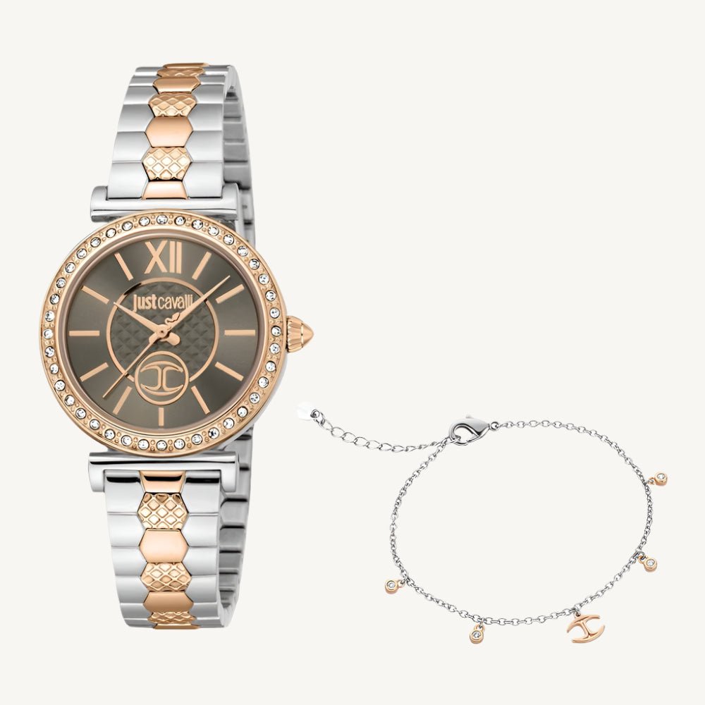 Just Cavalli Varenna Set JC1L273M0095 ladies watch with polished silver and rose gold stainless steel case and strap, grey dial, stone-set bezel, and gift box.