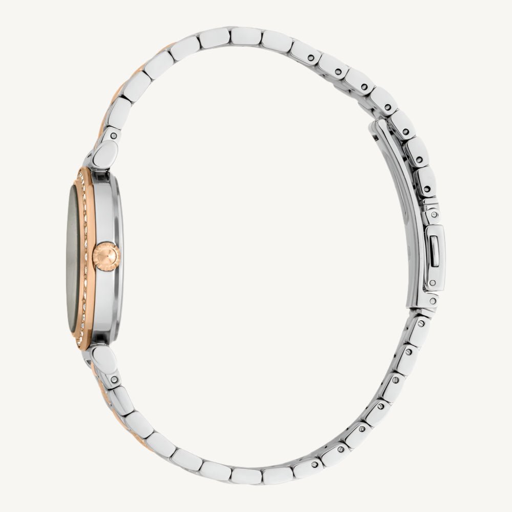 Just Cavalli Varenna Set JC1L273M0095 ladies watch with polished silver and rose gold stainless steel case and strap, grey dial, stone-set bezel, and gift box.