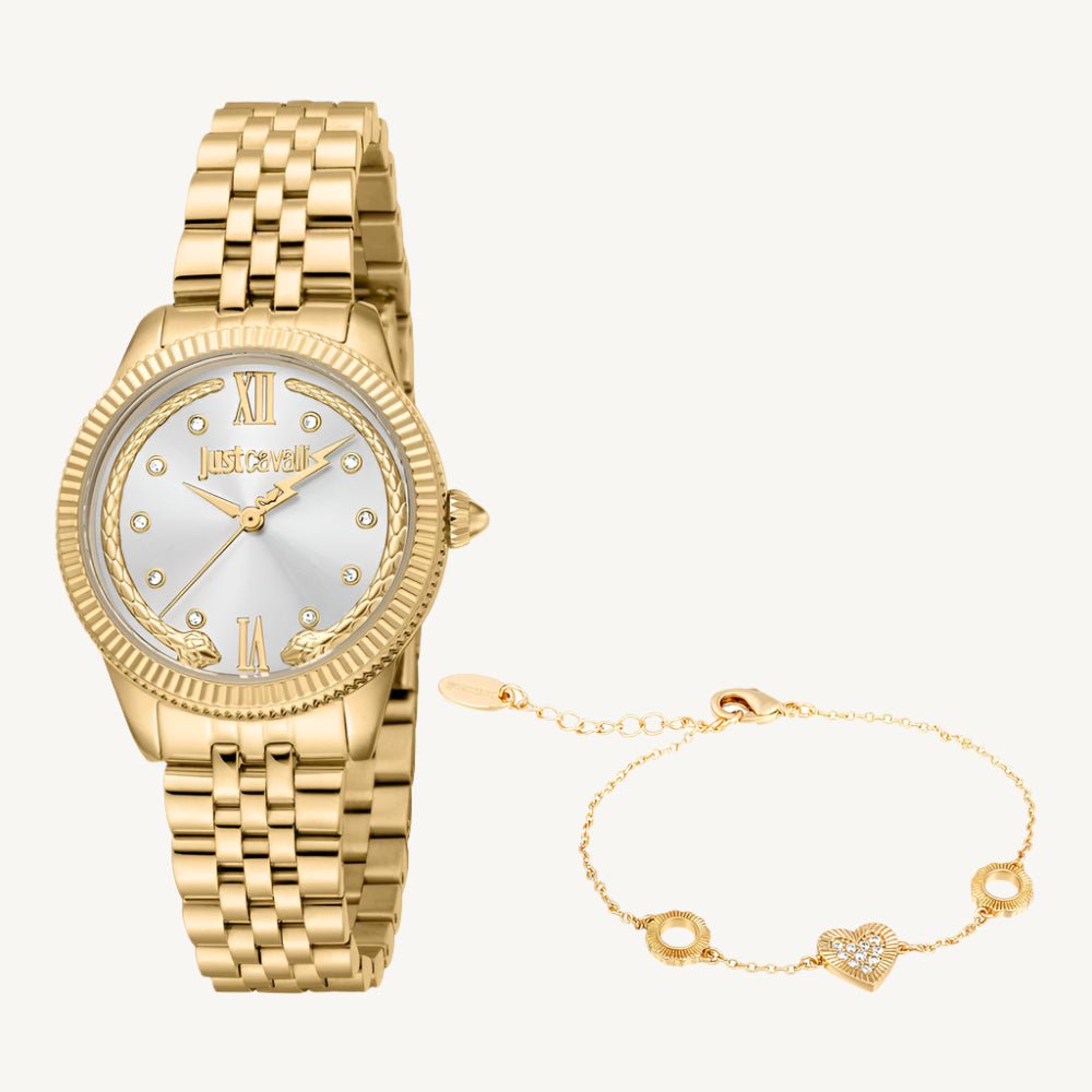 Just Cavalli JC1L315M0055 Valentine’s Set for women, featuring a gold-tone watch with matching bracelet, heart details, and elegant packaging.
