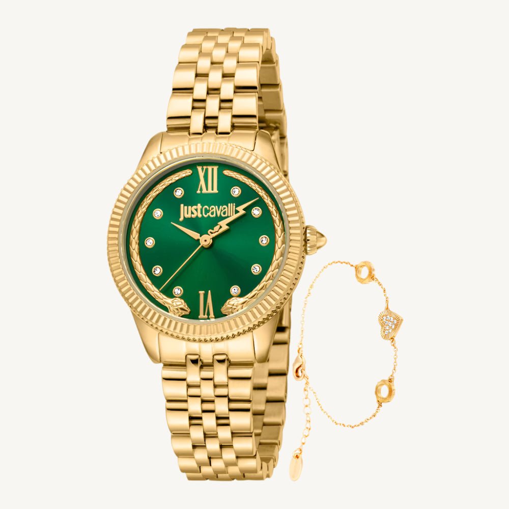 "Just Cavalli gold-tone ladies watch with green dial and stone details, stainless steel strap, Valentine’s gift set"