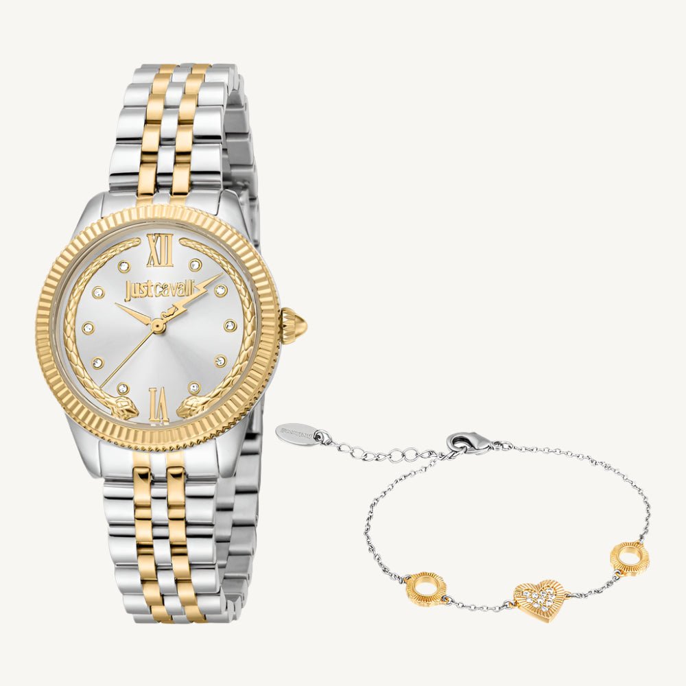 "Just Cavalli silver and gold ladies watch with silver dial and stone accents, stainless steel strap, Valentine’s gift set"