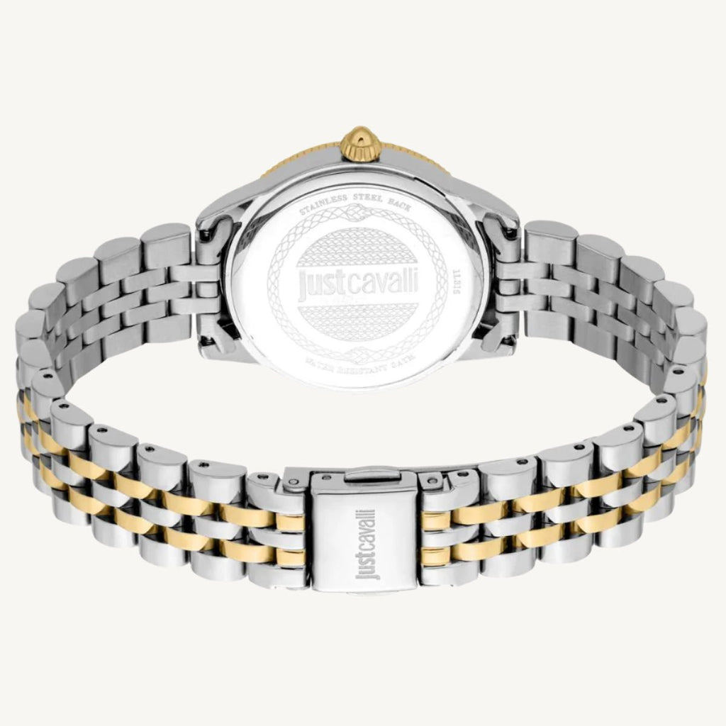 "Just Cavalli silver and gold ladies watch with silver dial and stone accents, stainless steel strap, Valentine’s gift set"