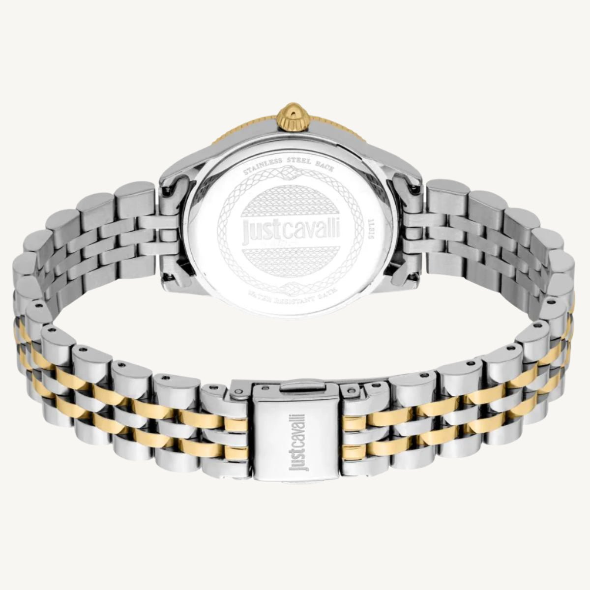 "Just Cavalli silver and gold ladies watch with silver dial and stone accents, stainless steel strap, Valentine’s gift set"