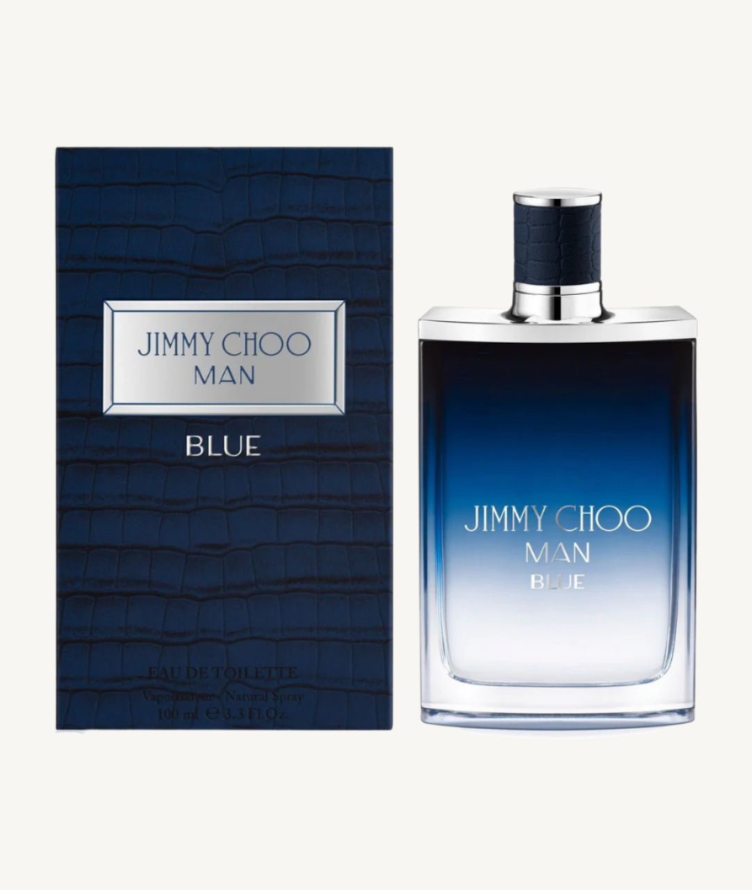 "Jimmy Choo Man Blue 3.3 oz Eau de Toilette Spray – a sleek, gradient blue bottle with a silver-toned cap, embodying modern masculinity and freshness."