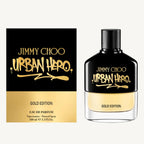 "Jimmy Choo Urban Hero Gold Edition 3.4 oz Eau de Parfum Spray – a sleek, gold-toned bottle with a modern design, reflecting sophistication and urban elegance."