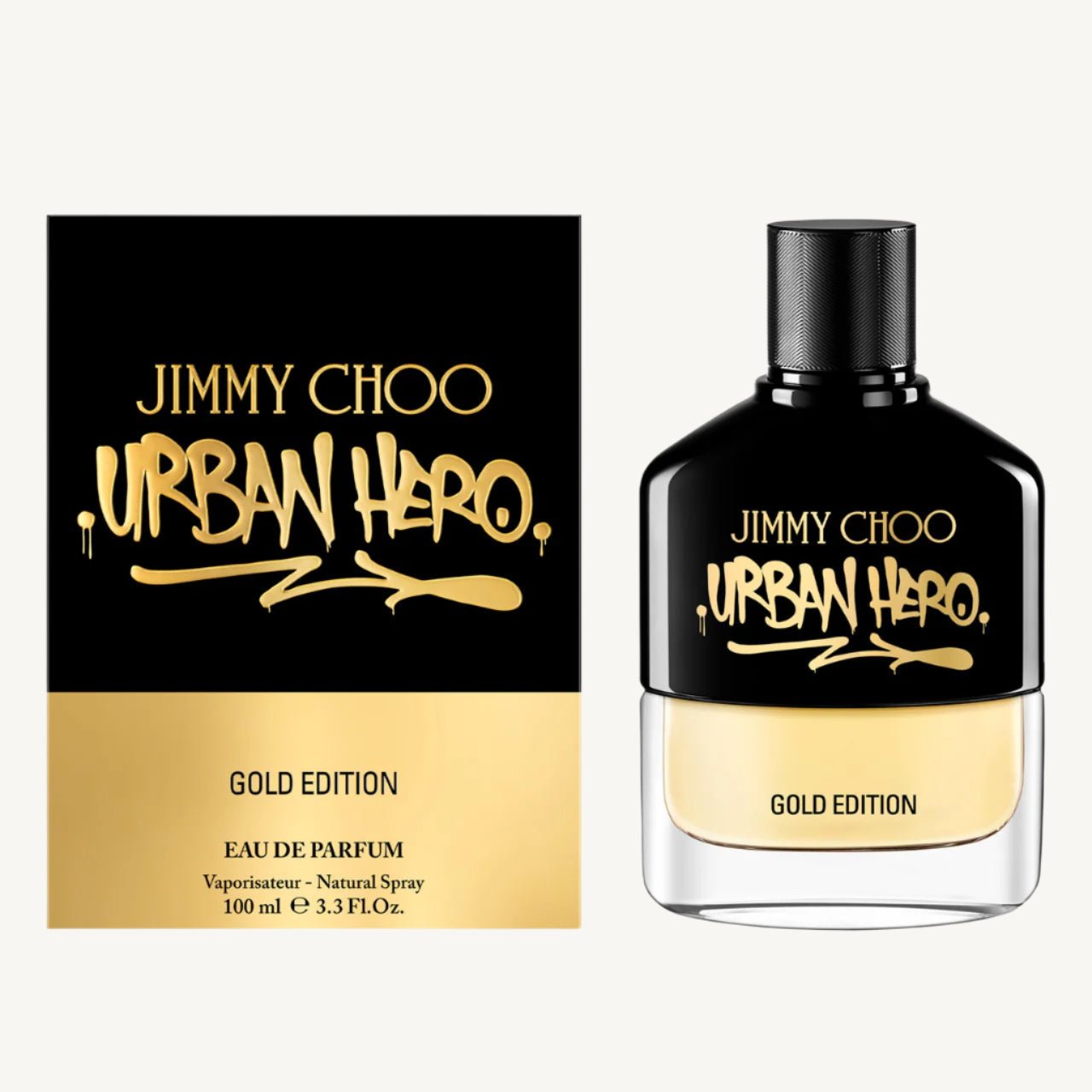 "Jimmy Choo Urban Hero Gold Edition 3.4 oz Eau de Parfum Spray – a sleek, gold-toned bottle with a modern design, reflecting sophistication and urban elegance."