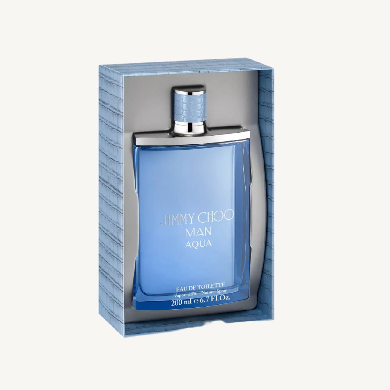 "Jimmy Choo Man Aqua 6.7 oz Eau de Toilette Spray – a sleek, ocean-blue bottle with a silver-toned cap, exuding freshness and modern masculinity."