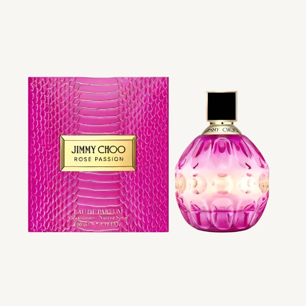 "Jimmy Choo Rose Passion 3.3 oz Eau de Parfum Spray – a vibrant fuchsia pink bottle with a dégradé finish, adorned with the signature JC emblem, exuding tropical elegance and femininity."