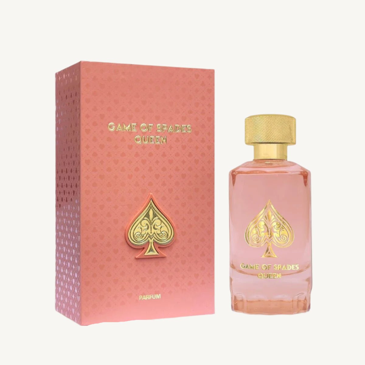 "Jo Milano Paris Game of Spades Queen 3.4 oz Parfum Spray – a luxurious pink-hued glass bottle adorned with a gold-toned cap and an embossed spade emblem, reflecting elegance and sophistication."