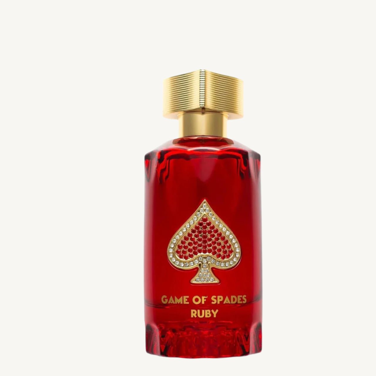 "Jo Milano Paris Game of Spades Ruby 3 oz Parfum Spray – a luxurious ruby-red glass bottle adorned with a gold-toned cap and an embellished spade emblem, reflecting elegance and sophistication."