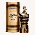 "Jean Paul Gaultier Le Male Elixir 4.2 oz Parfum spray for men – intense, warm and seductive fragrance in a bold golden-black torso bottle."