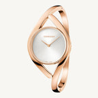 Elegant ladies’ rose gold-tone watch by Calvin Klein, featuring a polished stainless steel case and strap, silver dial, slim profile, quartz movement, and 3 bar water resistance.